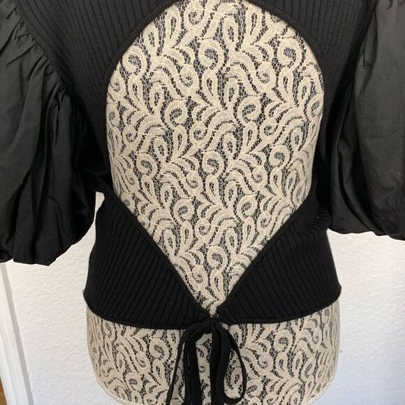 En Saison Maxime Puff Sleeve‎ Ribbed Knit Backless Tied Blouse in Black Size M - Picture 8 of 12